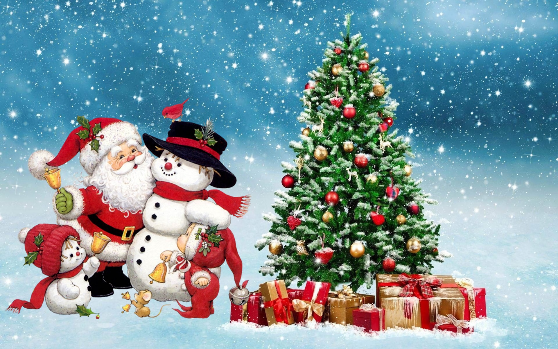Ông già Noel cùng những chú người tuyết bên cây thông cực cute