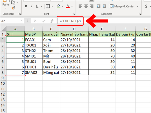 Hàm SEQUENCE được sử dụng để đánh số thứ tự trong Excel