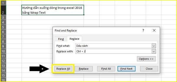 Cách xuống dòng trong Excel bằng Find & Replace 