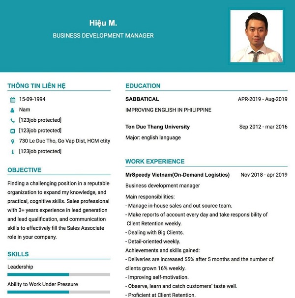 Mẫu CV nhân viên kinh doanh tiếng Anh (Nguồn: Internet)