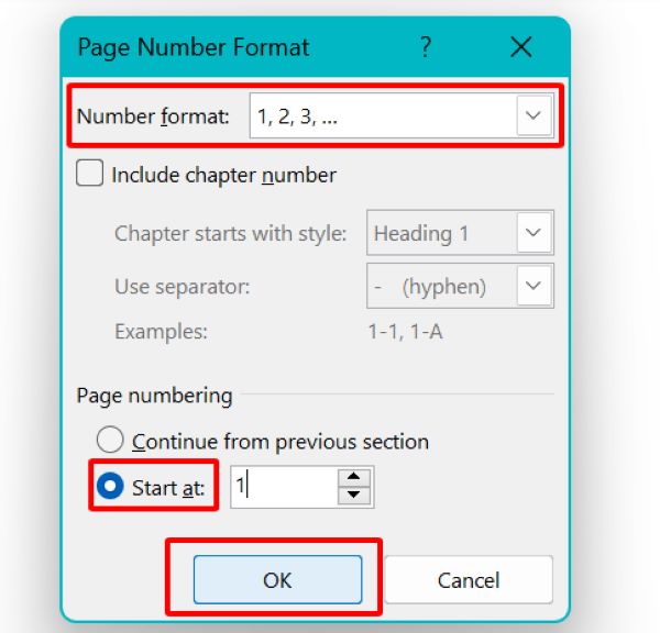 Hộp thoại Page Number Format để đánh số trang