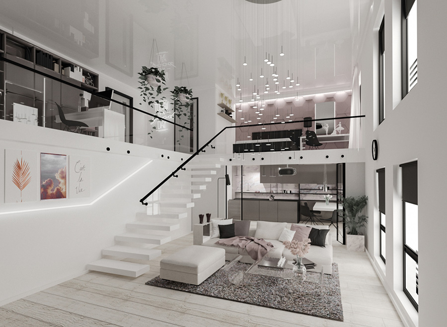 Duplex với thiết kế đặc trưng là cầu thang thông tầng và nhiều cửa kính nhiều (Nguồn: Internet)