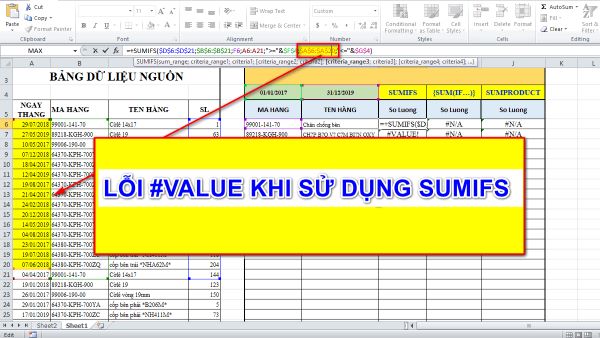 Lỗi #VALUE! nhập hàm Sumifs 