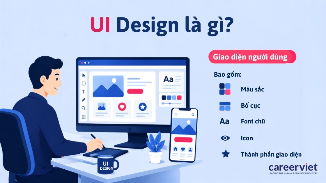 UI gồm màu sắc, bố cục và mọi thành phần người dùng nhìn thấy.