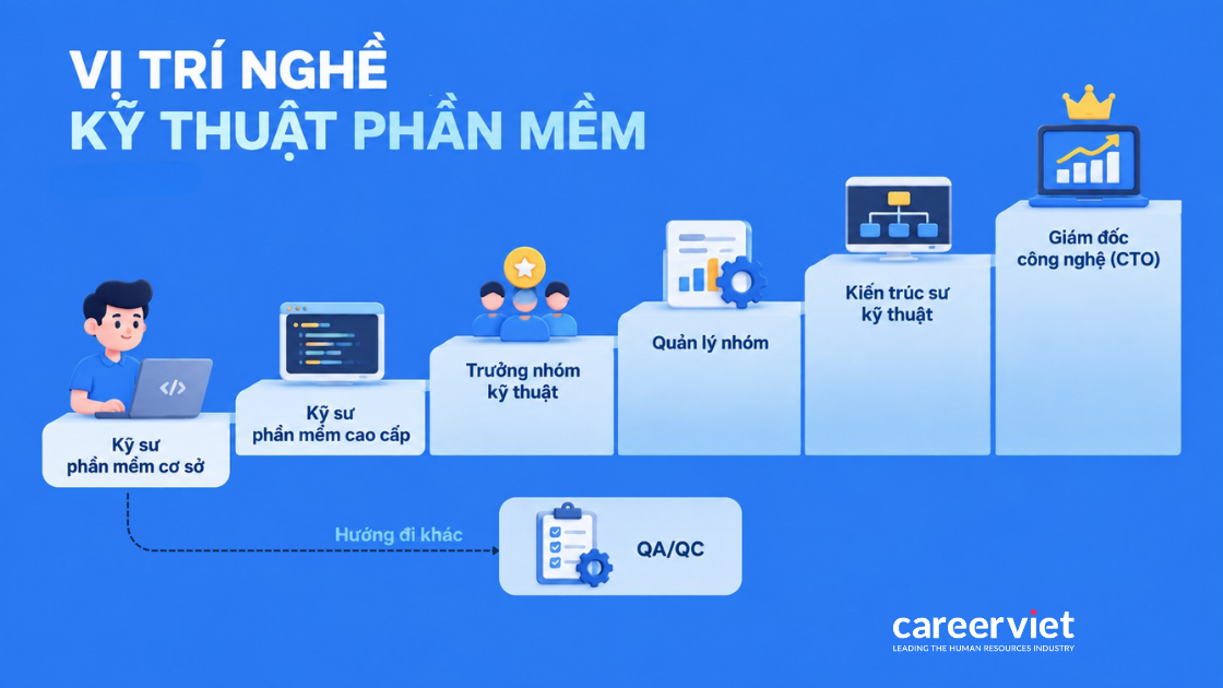 Lộ trình nghề kỹ thuật phần mềm từ kỹ sư cơ sở đến CTO và nhánh QA QC