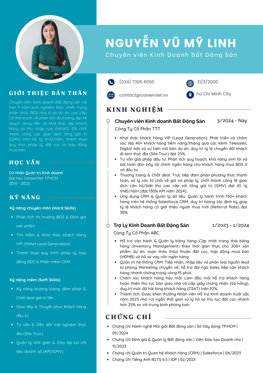 Mẫu CV Chuyên viên Kinh doanh Bất động sản