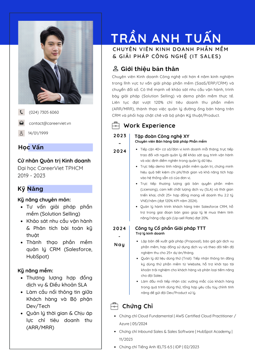 Mẫu CV Chuyên viên Kinh Doanh Phần Mềm và Giải pháp Công nghệ
