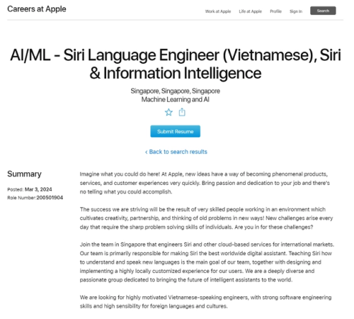 Apple tuyển dụng kỹ sư AI chuyên tiếng Việt cho Siri