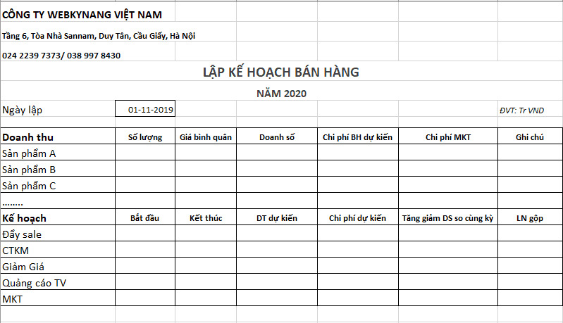 Mẫu kế hoạch kinh doanh chi tiết được lập trên Excel