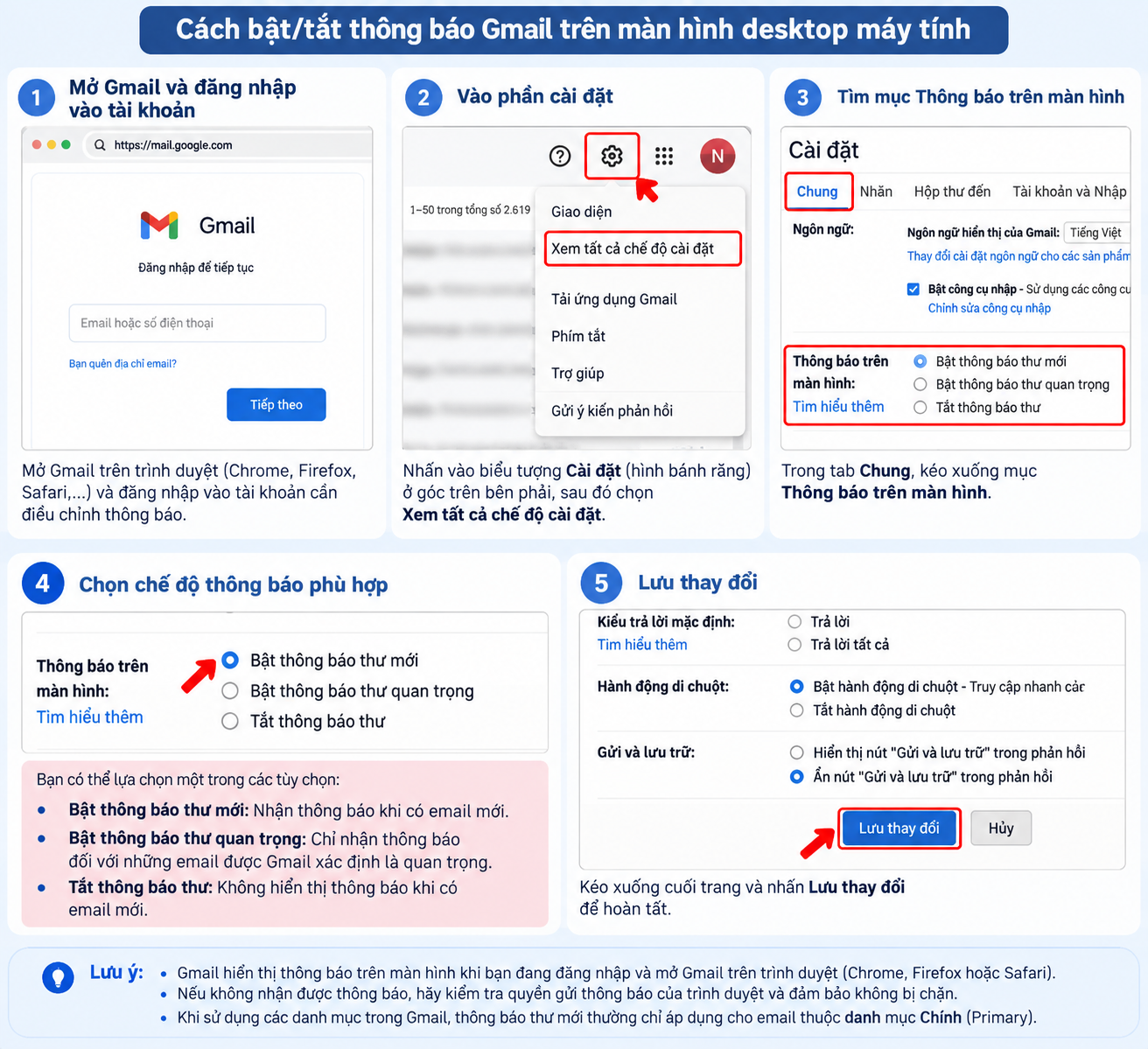 Cách bật/tắt thông báo Gmail trên màn hình desktop máy tính