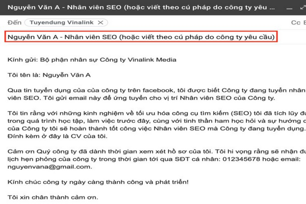 Thư ứng tuyển vị trí việc làm của nhân viên có kinh nghiệm