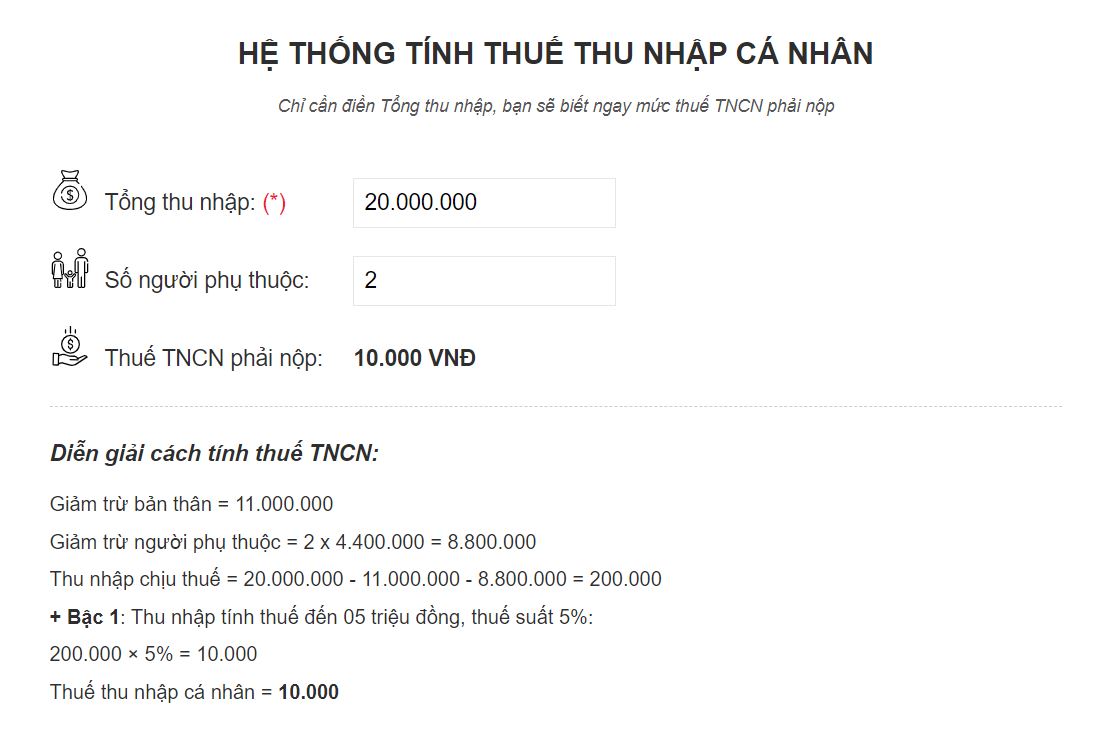 Ví dụ về tính thuế TNCN tại hệ thống luatVietNam