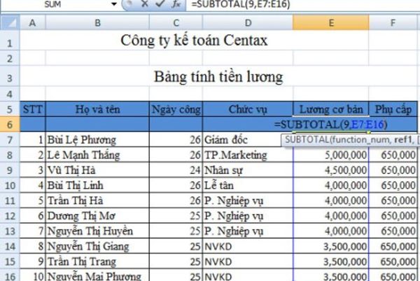 Cách dùng SUBTOTAL tính tổng một cột trong Excel