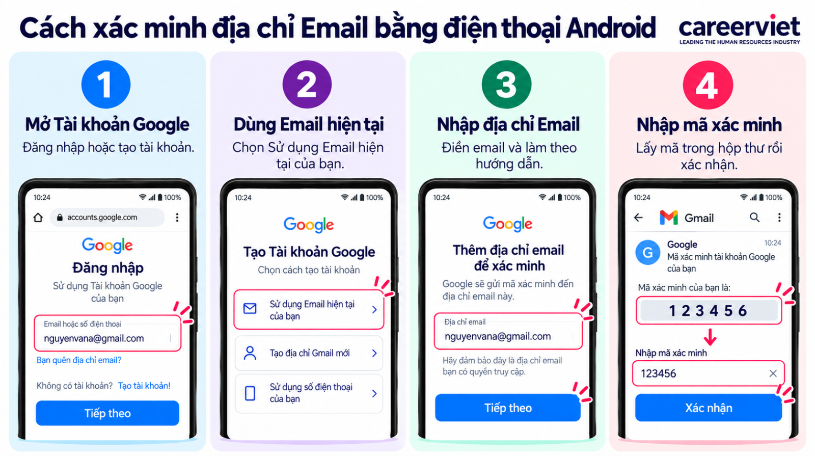 Xác minh địa chỉ Email bằng điện thoại Android