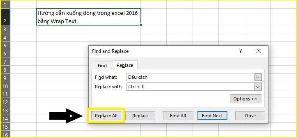 Cách xuống dòng trong Excel bằng Find & Replace