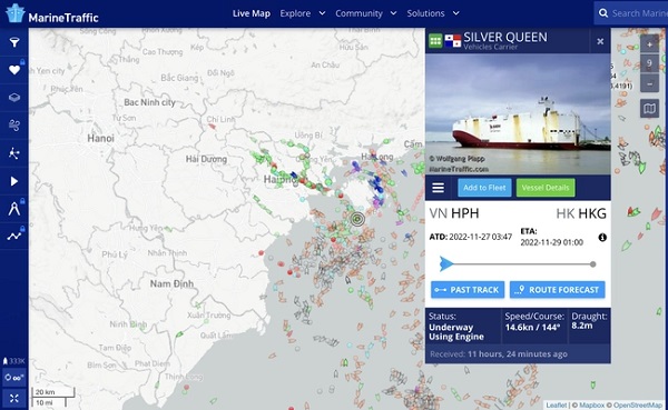 Cập nhật hành trình tàu chở lô VinFast VF 8: Vận tốc 27 km/h, đang trên đường tới Hồng Kông