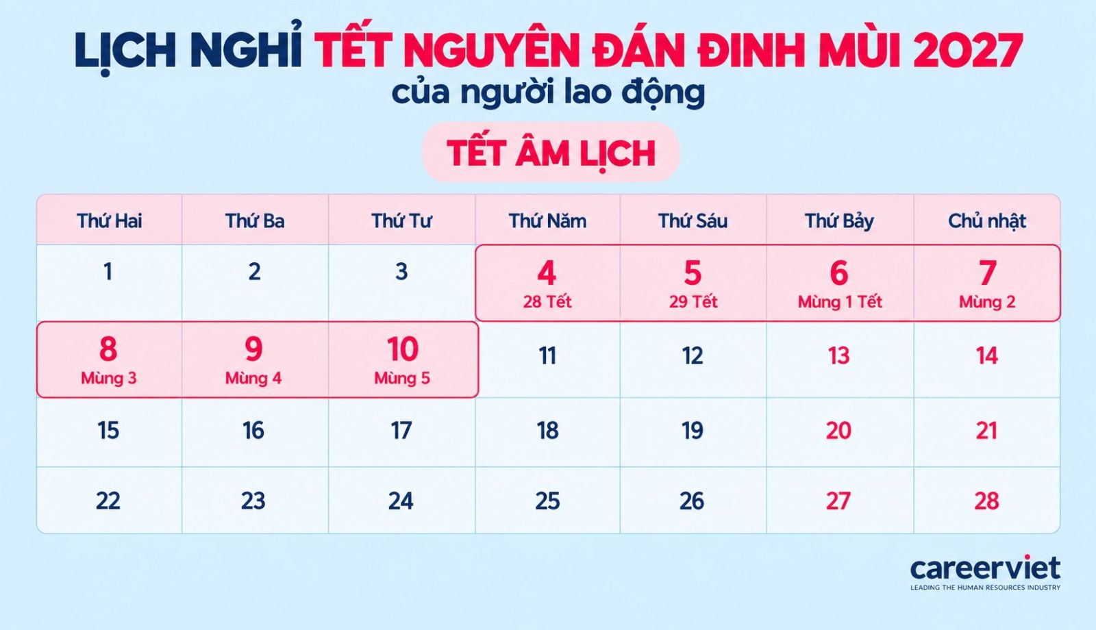 Lịch nghỉ Tết Nguyên Đán Đinh Mùi 2027 của người lao động