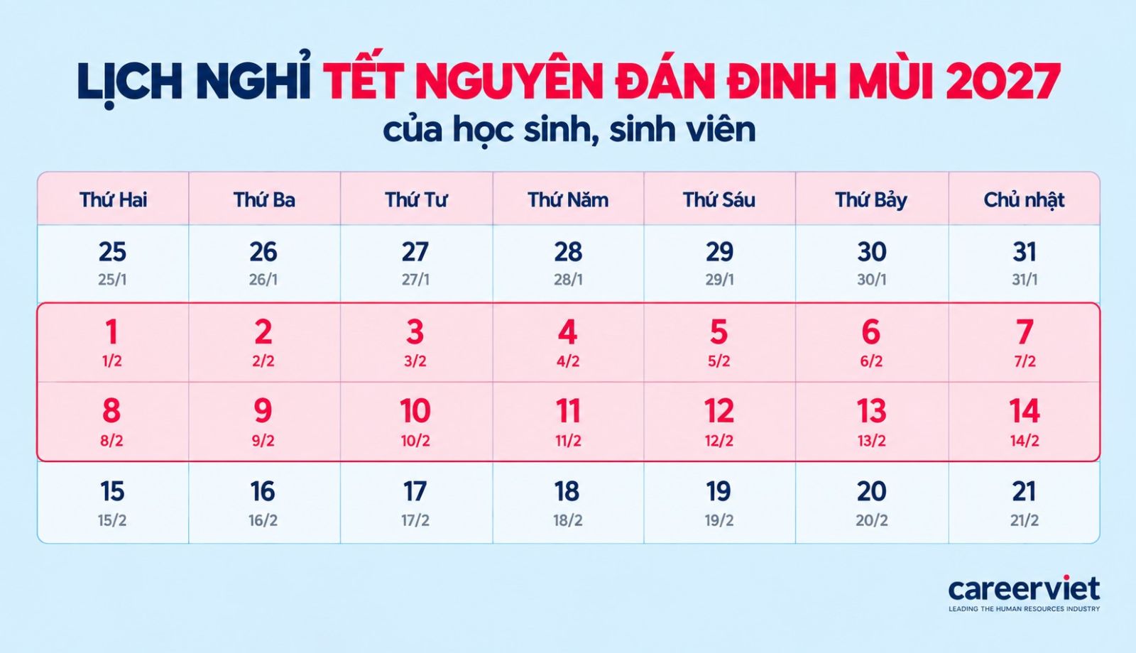 Lịch nghỉ Tết Nguyên Đán 2027 của học sinh, sinh viên
