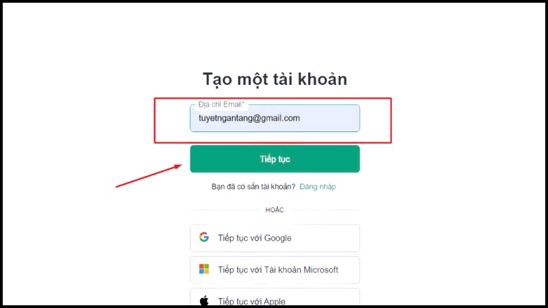 Cung cấp email để tiếp tục