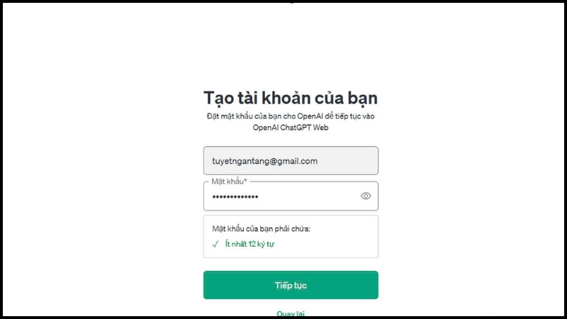 Tạo mật khẩu cho tài khoản Chat GPT của bạn