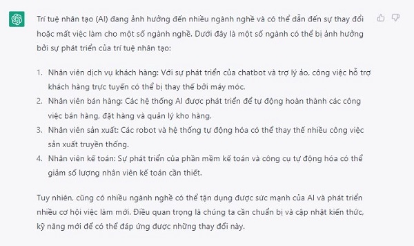 ChatGPT nói 4 nghề này sẽ mất việc vì AI