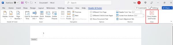 Nhấp chọn Close Header and Footer để thoát khỏi chế độ đánh số trang