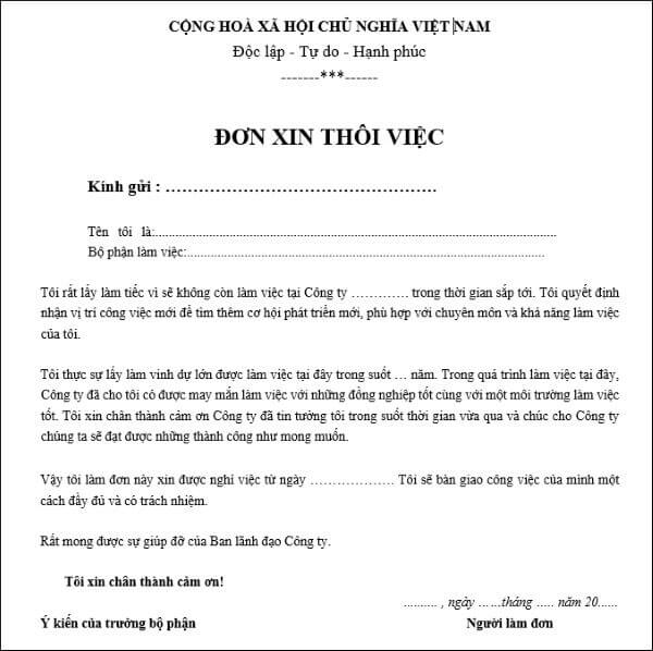 Mẫu đơn xin thôi việc tại công ty 