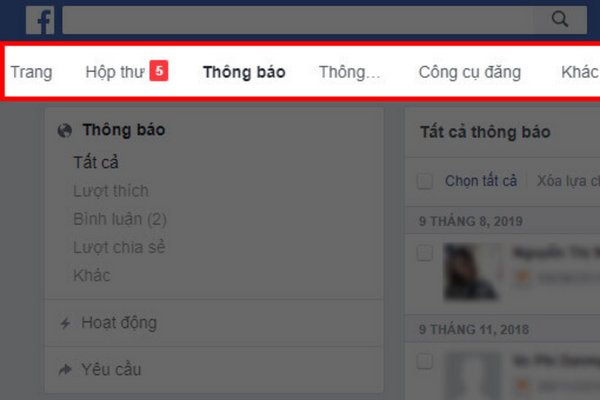 Chức năng thể hiện ở menu ngang của fanpage 