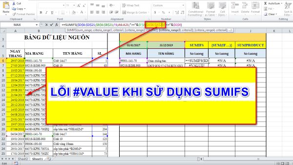 Lỗi #VALUE! trong hàm Sumifs 