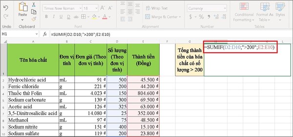 Công thức tính hàm sumif trong Excel