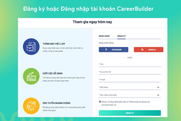 Đăng ký hoặc Đăng nhập tài khoản tại trang CareerBuilder