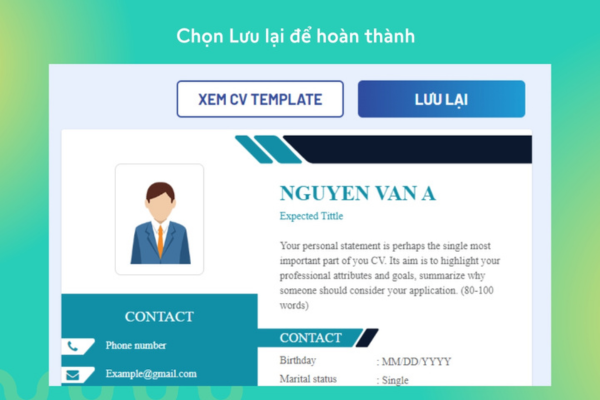 Lưu lại để hoàn thành việc tạo CV trên CV Hay