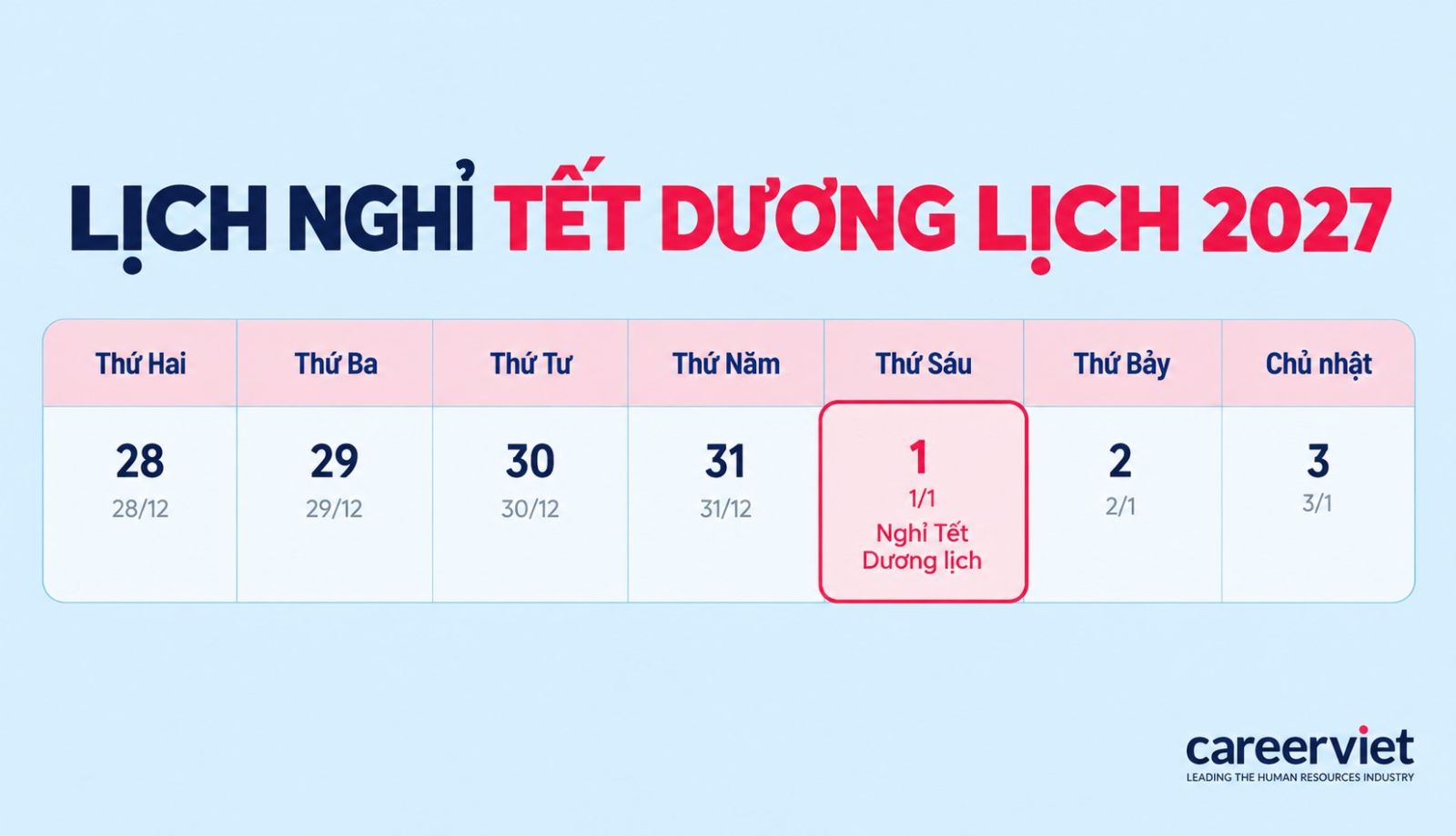 Lịch nghỉ Tết Dương lịch 2027