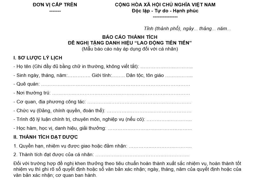 Mẫu báo cáo thành tích lao động tiên tiến với cá nhân mới nhất 2024? Tiêu chuẩn xét danh hiệu Lao động tiên tiến 2024?