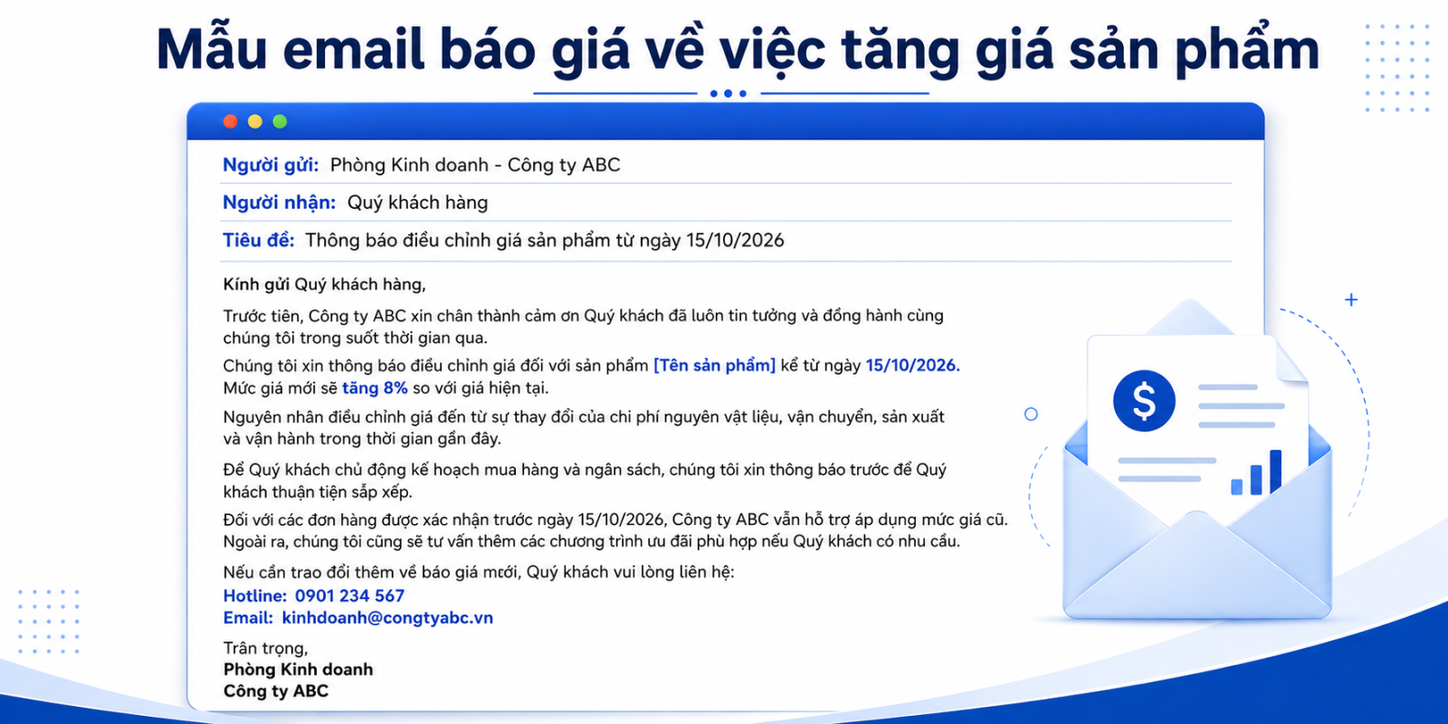 Email báo tăng giá sản phẩm với nội dung rõ ràng