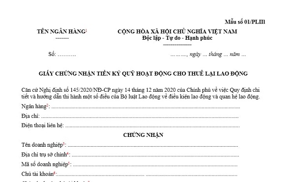 Mẫu Giấy chứng nhận tiền ký quỹ hoạt động cho thuê lại lao động? Doanh nghiệp cho thuê lại lao động được rút tiền ký quỹ khi được ai chấp thuận?