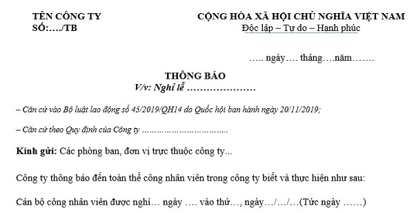 Mẫu thông báo nghỉ lễ của doanh nghiệp mới và đầy đủ nhất? Năm 2023, người lao động tại doanh nghiệp sẽ nghỉ lễ trong những ngày nào?