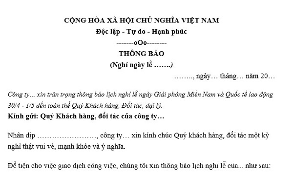 Mẫu thông báo nghỉ lễ của doanh nghiệp mới và đầy đủ nhất? Năm 2023, người lao động tại doanh nghiệp sẽ nghỉ lễ trong những ngày nào?