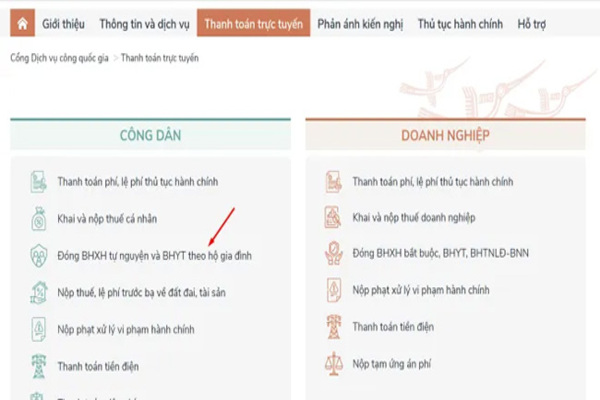 Tại phần “Công dân”, chọn “Đóng BHXH tự nguyện và BHYT theo hộ gia đình"