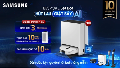 Robot hút bụi, lau nhà Samsung Bespoke JetBot mới: Tích hợp AI, giặt sấy, diệt khuẩn hơi nước 100°C, mua sớm tặng máy lọc không khí