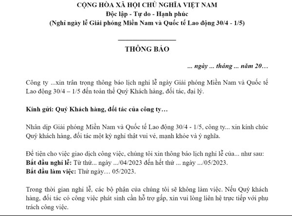 Mẫu thông báo nghỉ lễ 30/04 và 01/05 của Công ty