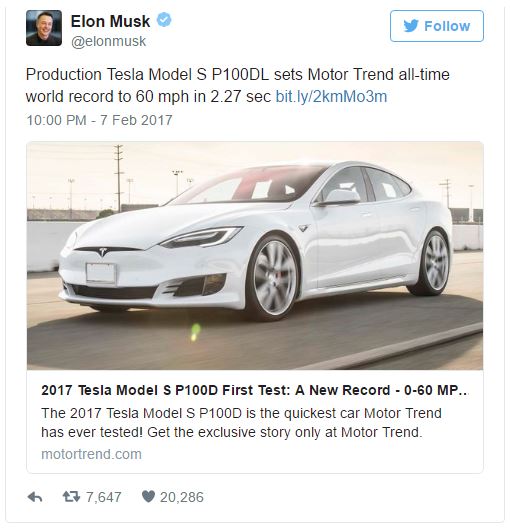 
Elon Musk khoe kỷ lục xe Tesla vừa thiết lập trên Twitter
