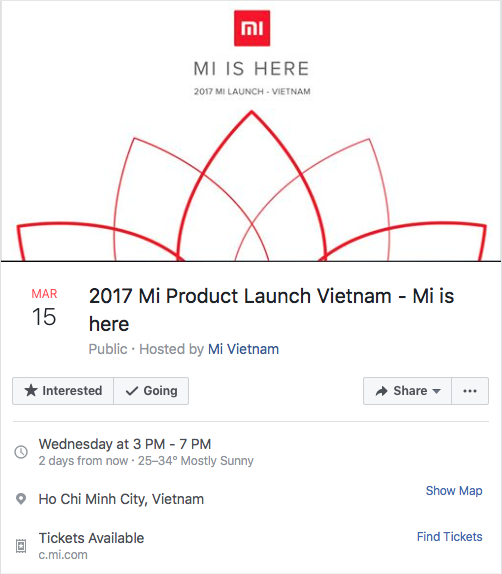 
Sự kiện Xiaomi ra mắt tại Việt Nam sẽ được diễn ra vào lúc 3h chiều ngày 15/3
