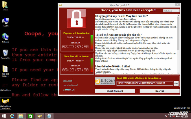 
Màn hình đòi tiền chuộc của WannaCry​
