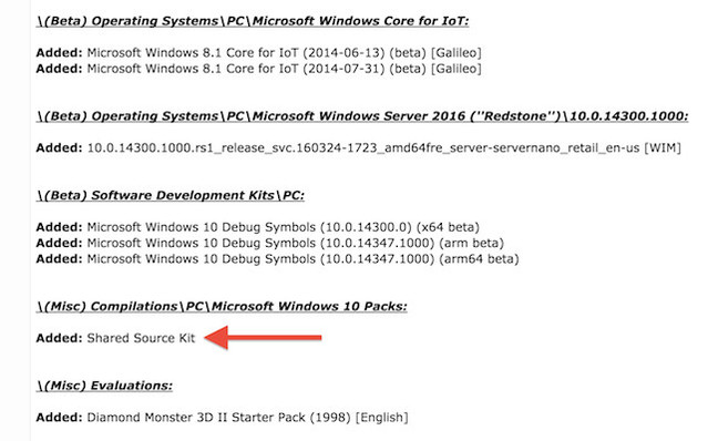 Ảnh chụp màn hình từ BetaArchive về Share Source Kit của Microsoft