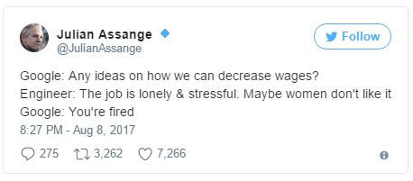 Assange tweet cuộc hội thoại giả định giữa Google và nhân viên của họ.