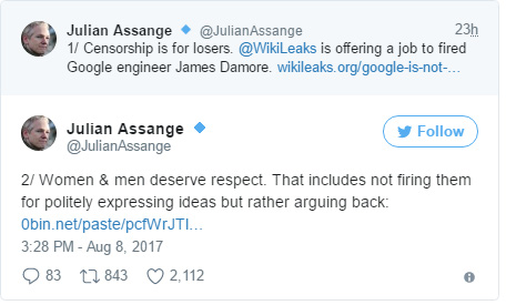 “Cả nam lẫn nữ đều xứng đáng được tôn trọng. Điều này có nghĩa là chúng ta cần trả lời lại quan điểm của họ thay vì đuổi việc họ.” Assange nói trên Twitter