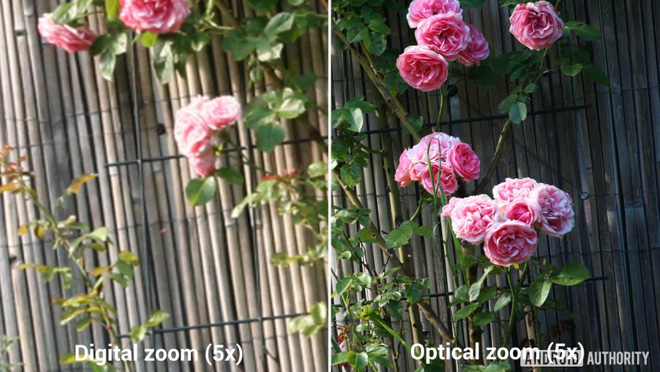 Zoom kỹ thuật số (bên trái) và zoom quang học (bên phải).