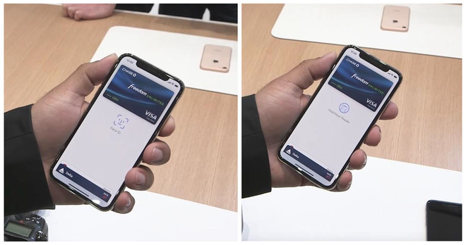 Trước tiên bạn phải mở ứng dụng thanh toán để kích hoạt Face ID trước (bên trái), và sau đó đưa lại gần máy quẹt thẻ, cho tới khi biểu tượng ở trung tâm màn hình thay đổi, để thanh toán.