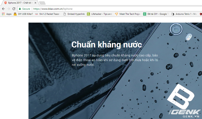 Trên trang chủ của sản phẩm, nhà sản xuất chỉ công bố chung chung rằng: “Bphone 2017 áp dụng tiêu chuẩn kháng nước cao cấp, bảo vệ điện thoại an toàn khi sử dụng dưới trời mưa hoặc bị rơi xuống nước”